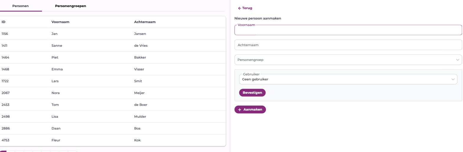 Personenoverzicht met links de lijst met medewerkers en rechts het formulier voor een nieuwe medewerker