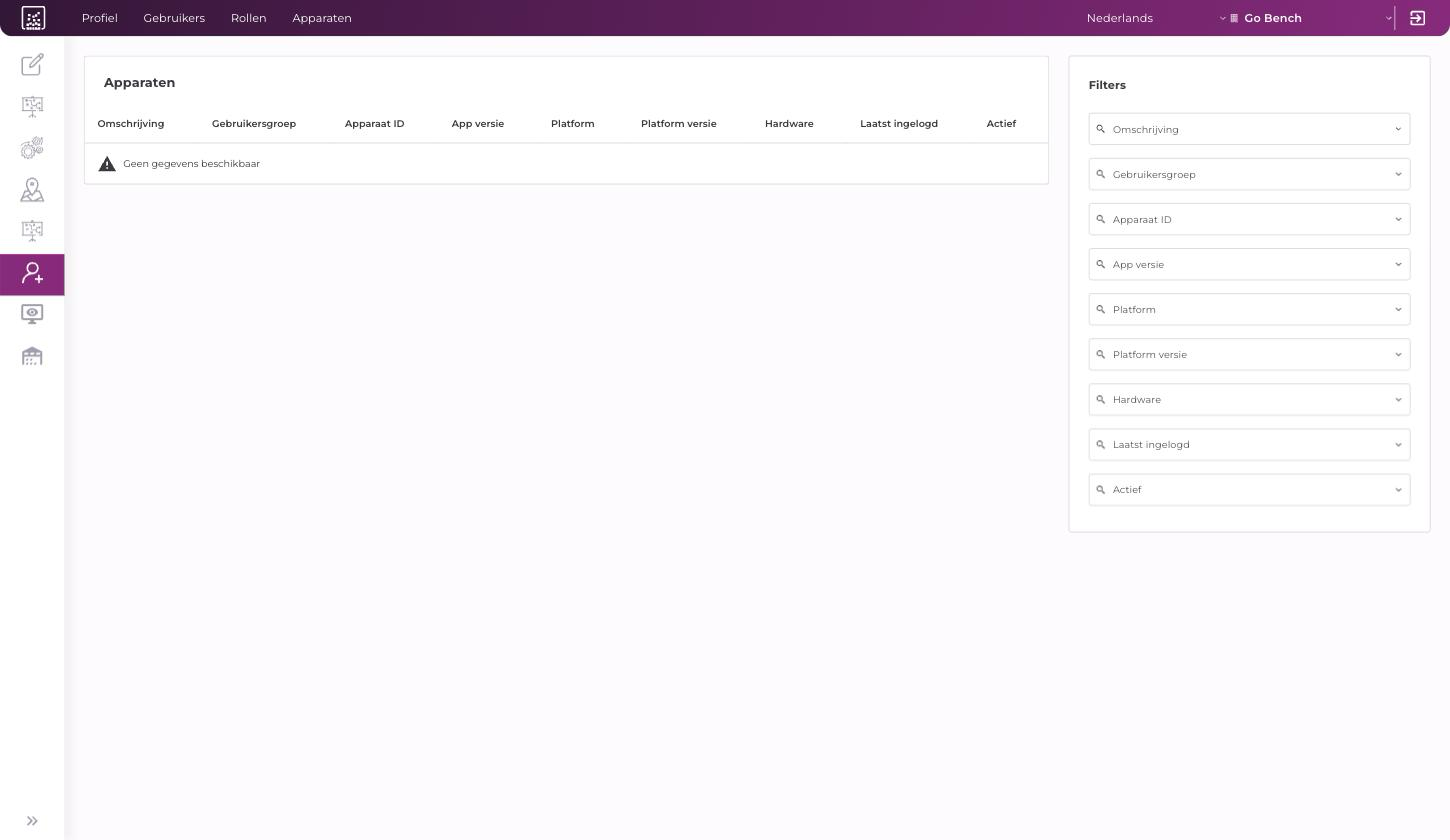 Pagina Apparaten met de tabel en het filterpaneel