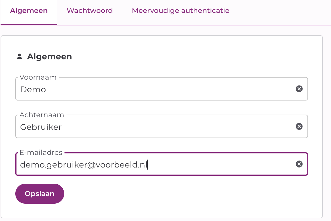 Profielscherm tabblad Algemeen met de velden voornaam, achternaam en e-mailadres