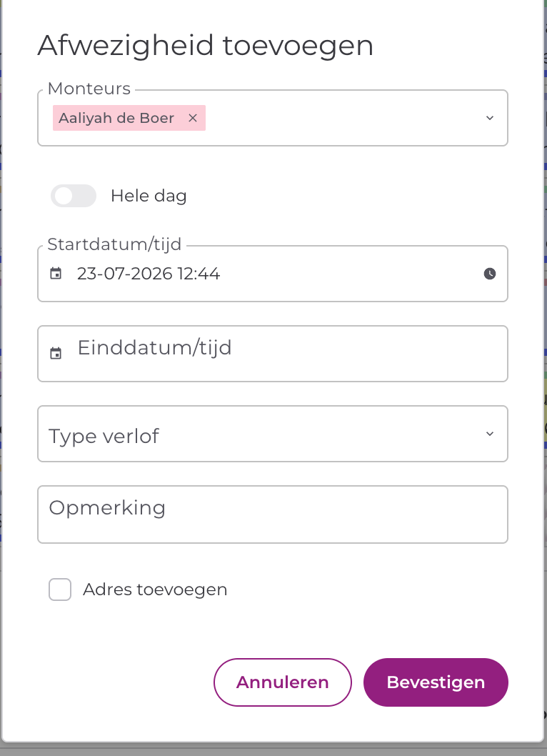 Venster Afwezigheid toevoegen met de velden monteur, periode, type verlof, opmerking en adres