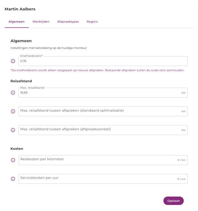 Tabblad Algemeen van een monteur met de snelheidsratio en de groepen Reisafstand en Kosten