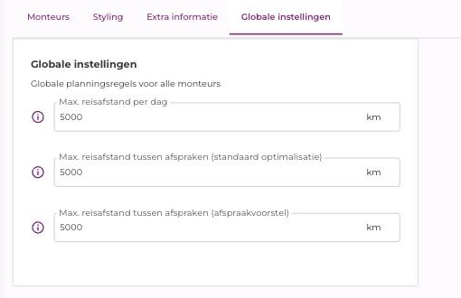 Tabblad Globale instellingen met de velden voor de maximale reisafstand per dag, bij optimalisatie en bij afspraakvoorstel
