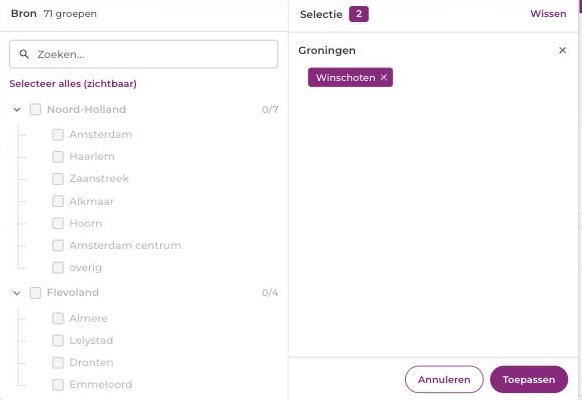 Regiokiezer met links de hoofdregio's en subregio's en rechts de selectie