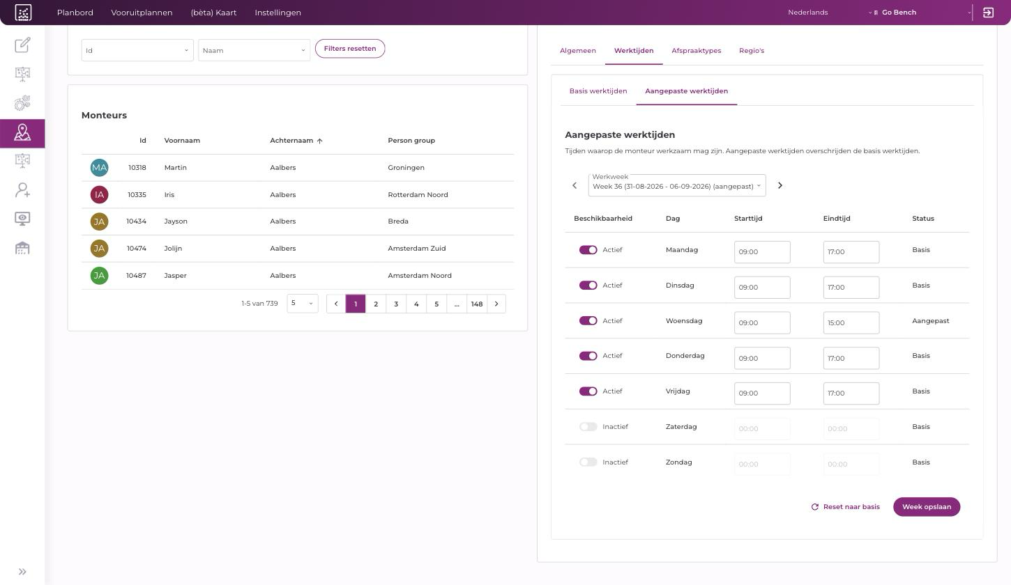 Aangepaste werktijden met de werkweek-selector en een dag met de status Aangepast