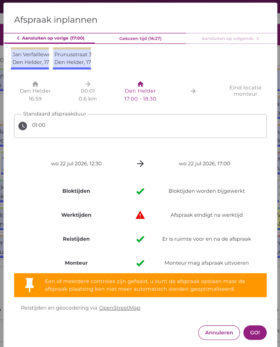 Venster Afspraak inplannen met de uitlijn-opties, het routeschema en de controles (bloktijden, werktijden, reistijden, monteur)