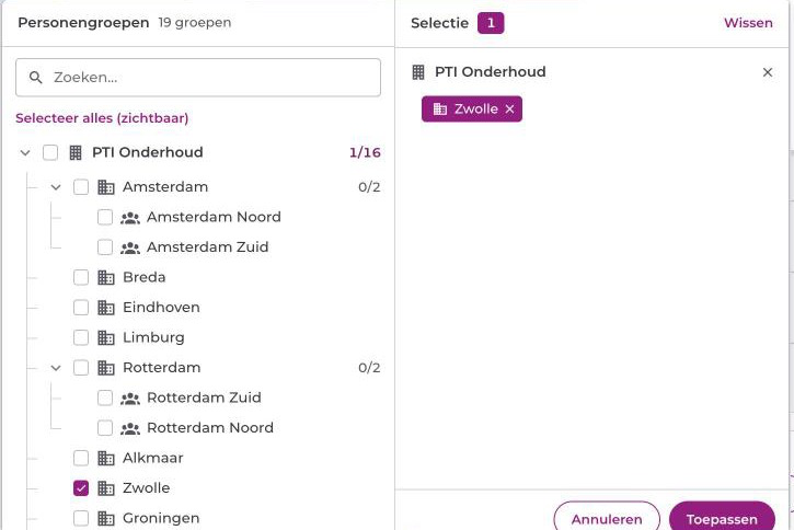 De groepenkiezer met links de boom met personengroepen en rechts de selectie