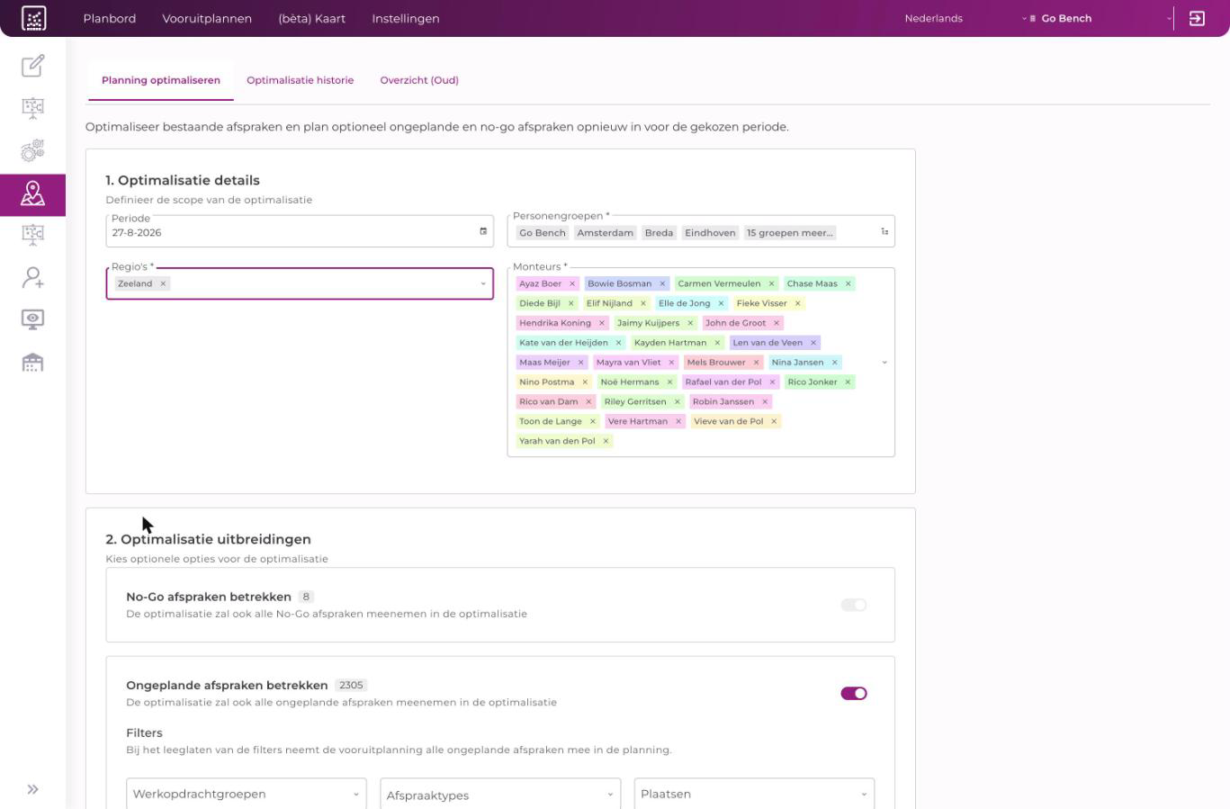 Tabblad Planning optimaliseren met de blokken Optimalisatie details en Optimalisatie uitbreidingen