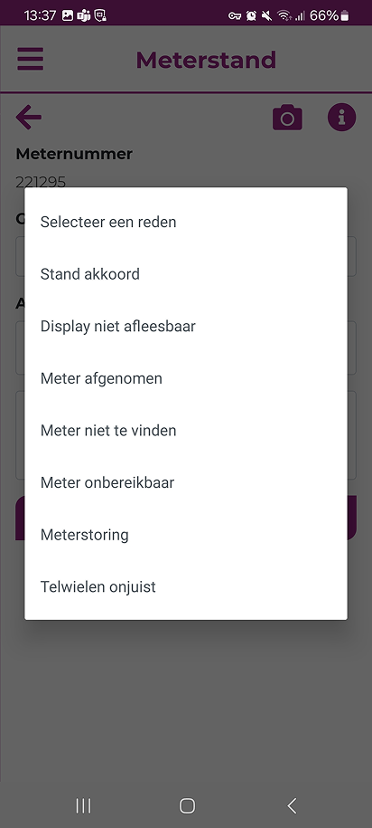 Keuzelijst met afwijkredenen zoals Stand akkoord, Display niet afleesbaar en Meterstoring