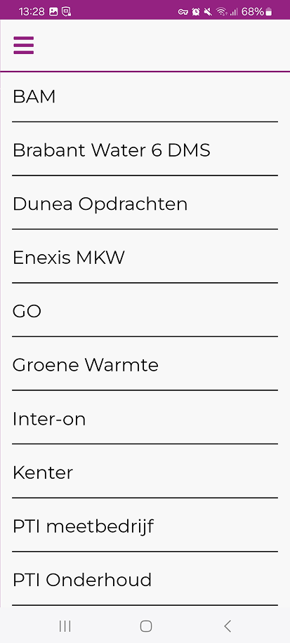 Bedrijven-scherm met een lijst van bedrijven waaruit je het gewenste bedrijf selecteert
