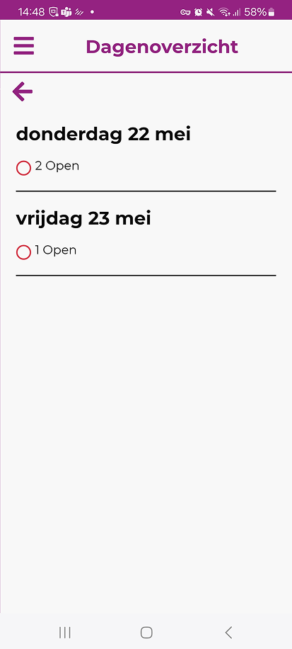 Dagenoverzicht met per dag het aantal open, afwezige en gedane adressen