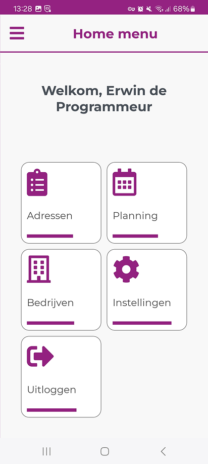Welkomstscherm van de Mobile app met de knoppen Adressen, Planning, Bedrijven, Instellingen en Uitloggen