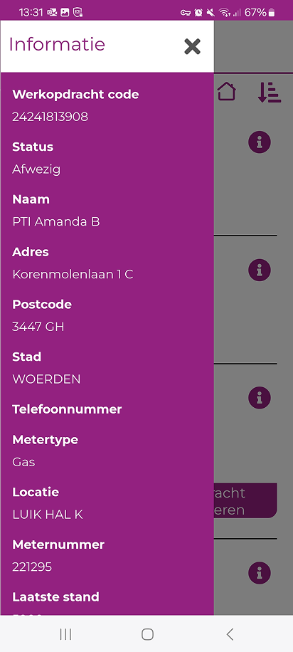 Geopende informatiebalk met de werkopdrachtgegevens van het adres