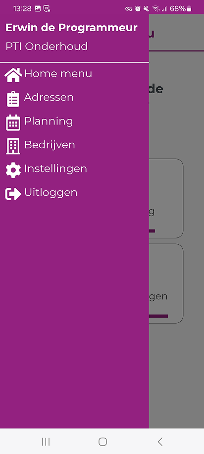 Geopende menubalk met de opties Home-menu, Adressen, Planning, Bedrijven, Instellingen en Uitloggen