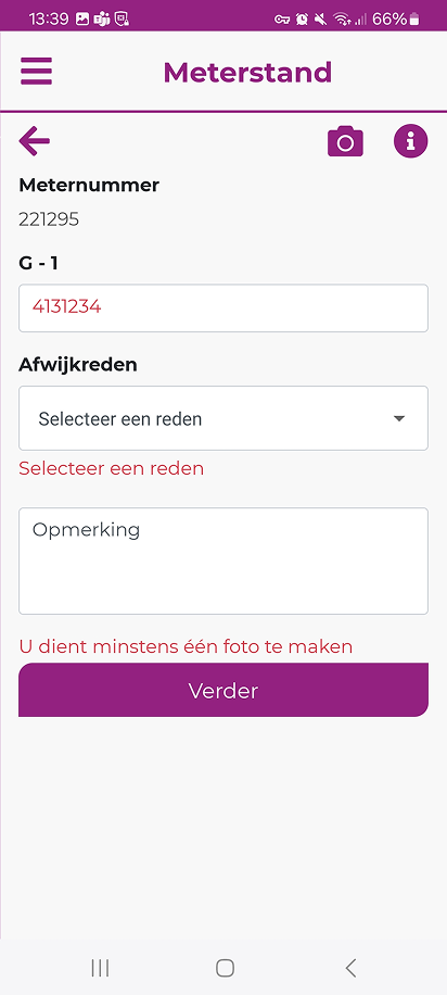 Processcherm Meterstand met het meternummer, het standveld, een keuzelijst met afwijkredenen en een opmerkingenveld