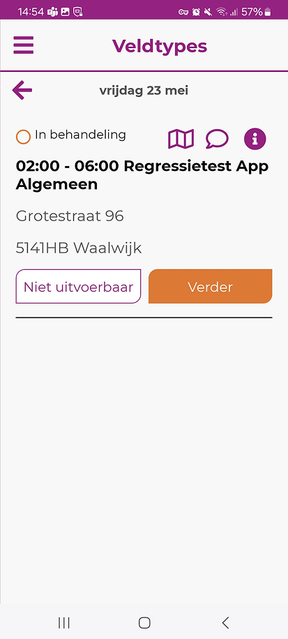 Opdracht in behandeling met de knoppen Niet uitvoerbaar en Verder