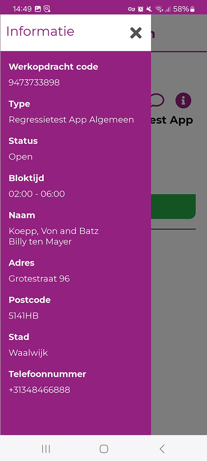 Geopende informatiebalk met de werkopdrachtgegevens van de geplande opdracht