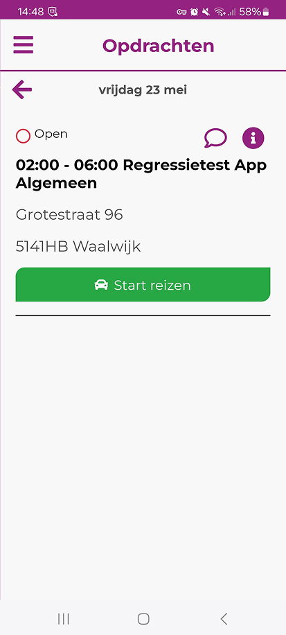 Opdrachtenlijst van een dag met per adres de status, bloktijd, afspraaktype en de knop Start reizen