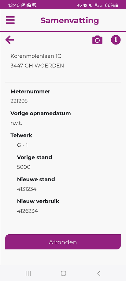 Samenvattingsscherm met naam, adres, meternummer, vorige stand, nieuwe stand en nieuw verbruik, met de knop Afronden