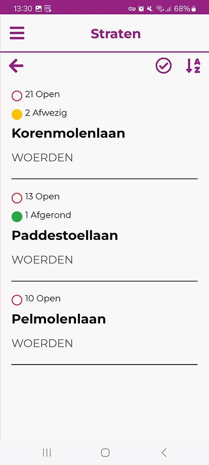 Straten-overzicht van de geselecteerde plaats met per straat het aantal open, afwezige en afgeronde adressen