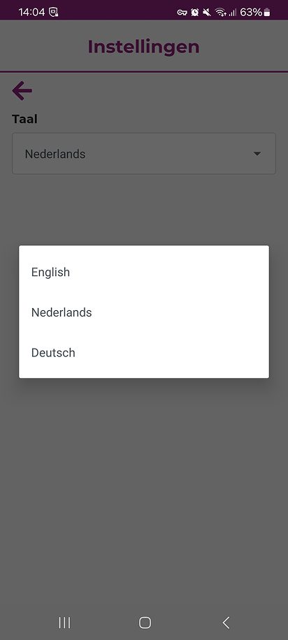 Keuzelijst met de talen Nederlands, English en Deutsch