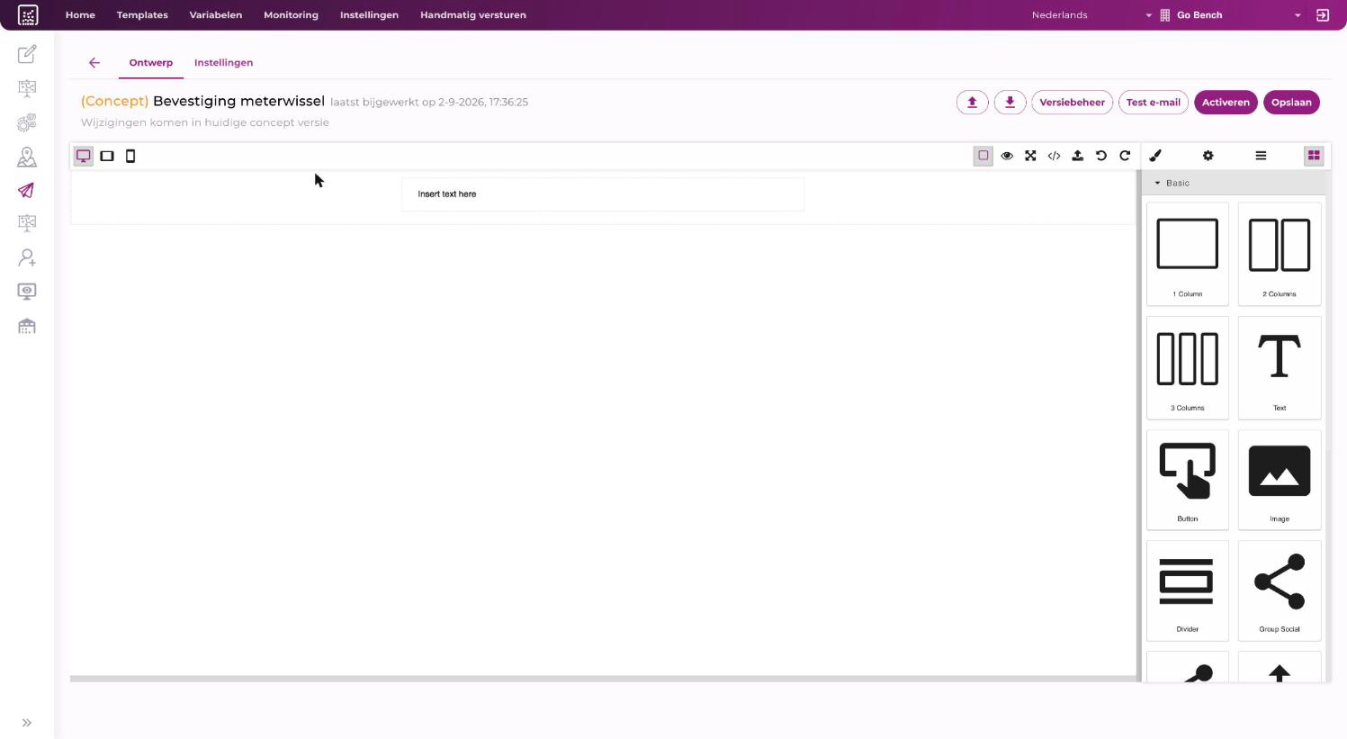 Overzicht van de Template Editor met de werkbalk, het ontwerpgebied en de rechterzijbalk
