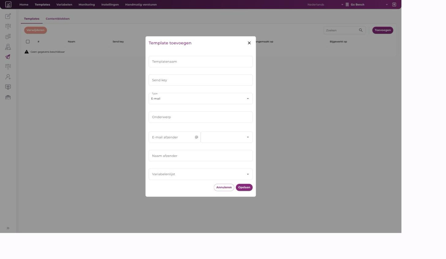 Formulier Template toevoegen met de velden Templatenaam, Send key, Type en Variabelenlijst
