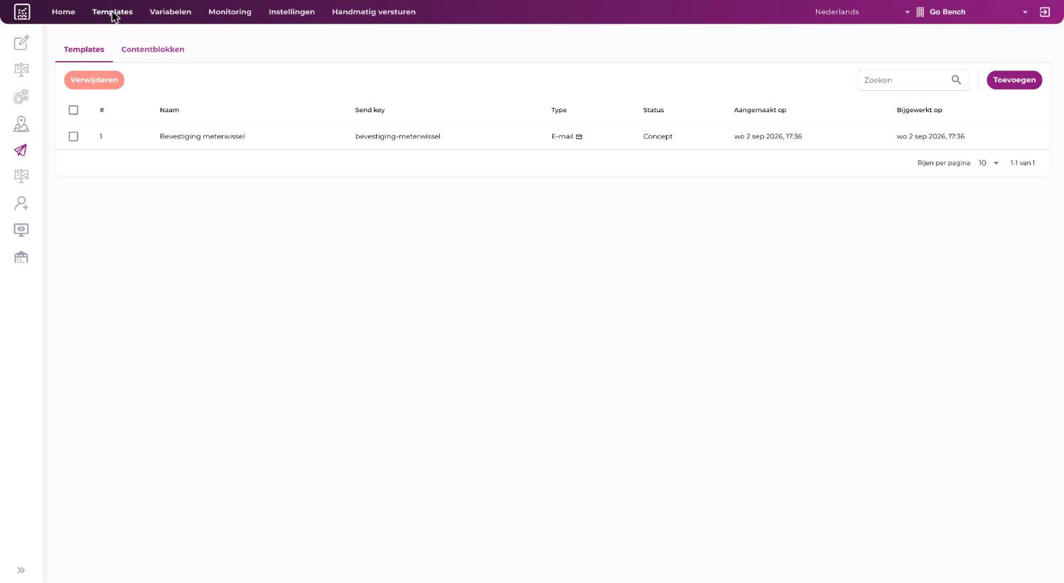 Tabblad Templates met de tabel en de knoppen Toevoegen, Verwijderen en de zoekbalk