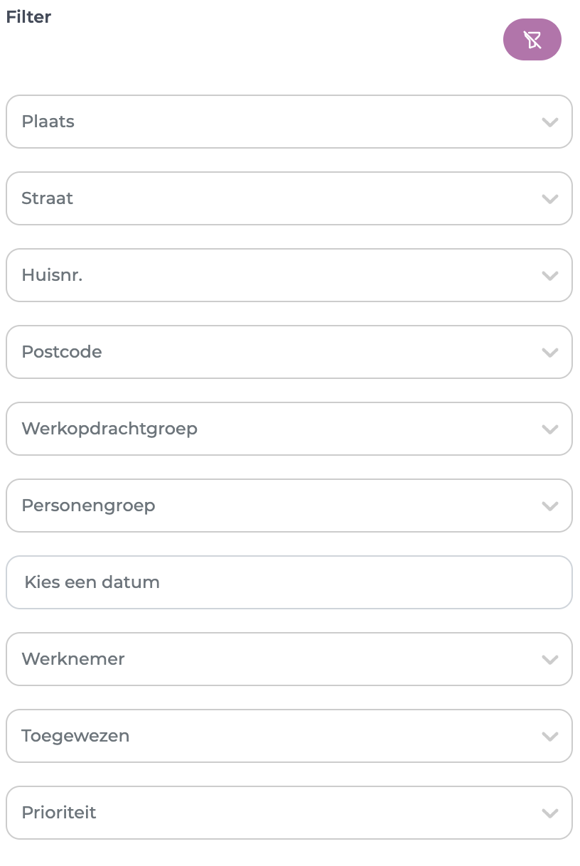 Filterpaneel van het adressenoverzicht met de knop om alle filters te wissen