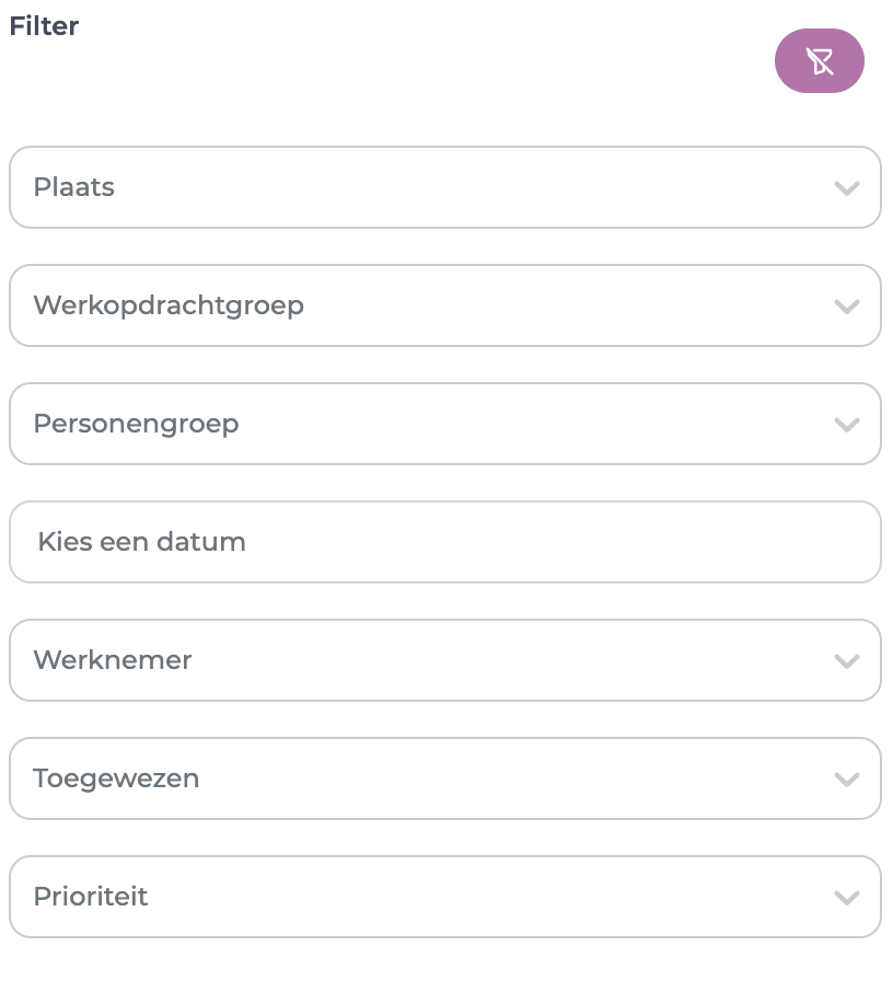 Filterpaneel van het plaatsenoverzicht met de knop om alle filters te wissen