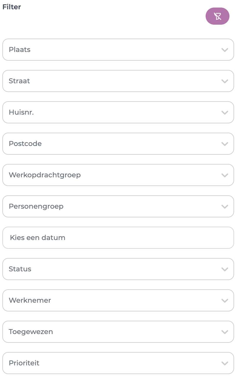 Filterpaneel van het statusoverzicht met de knop om alle filters te wissen