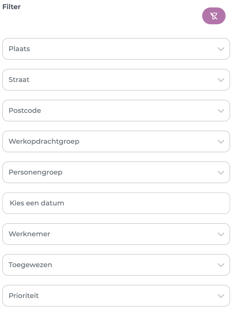 Filterpaneel van het stratenoverzicht met de knop om alle filters te wissen
