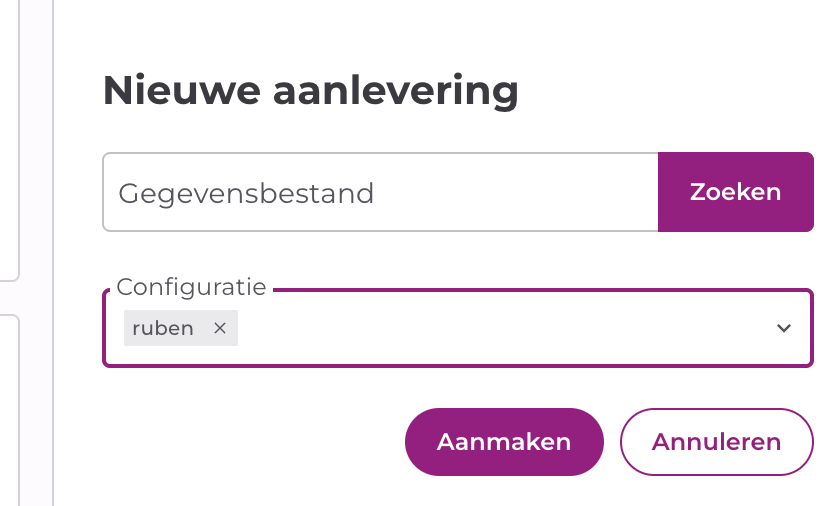Aanleverpaneel met het bestandsveld, de configuratiekeuze en de aanvullende velden