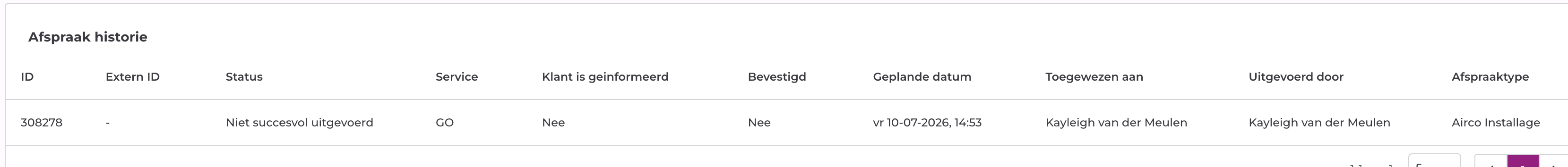 Tabel Afspraak historie met alle afspraken van de werkopdracht