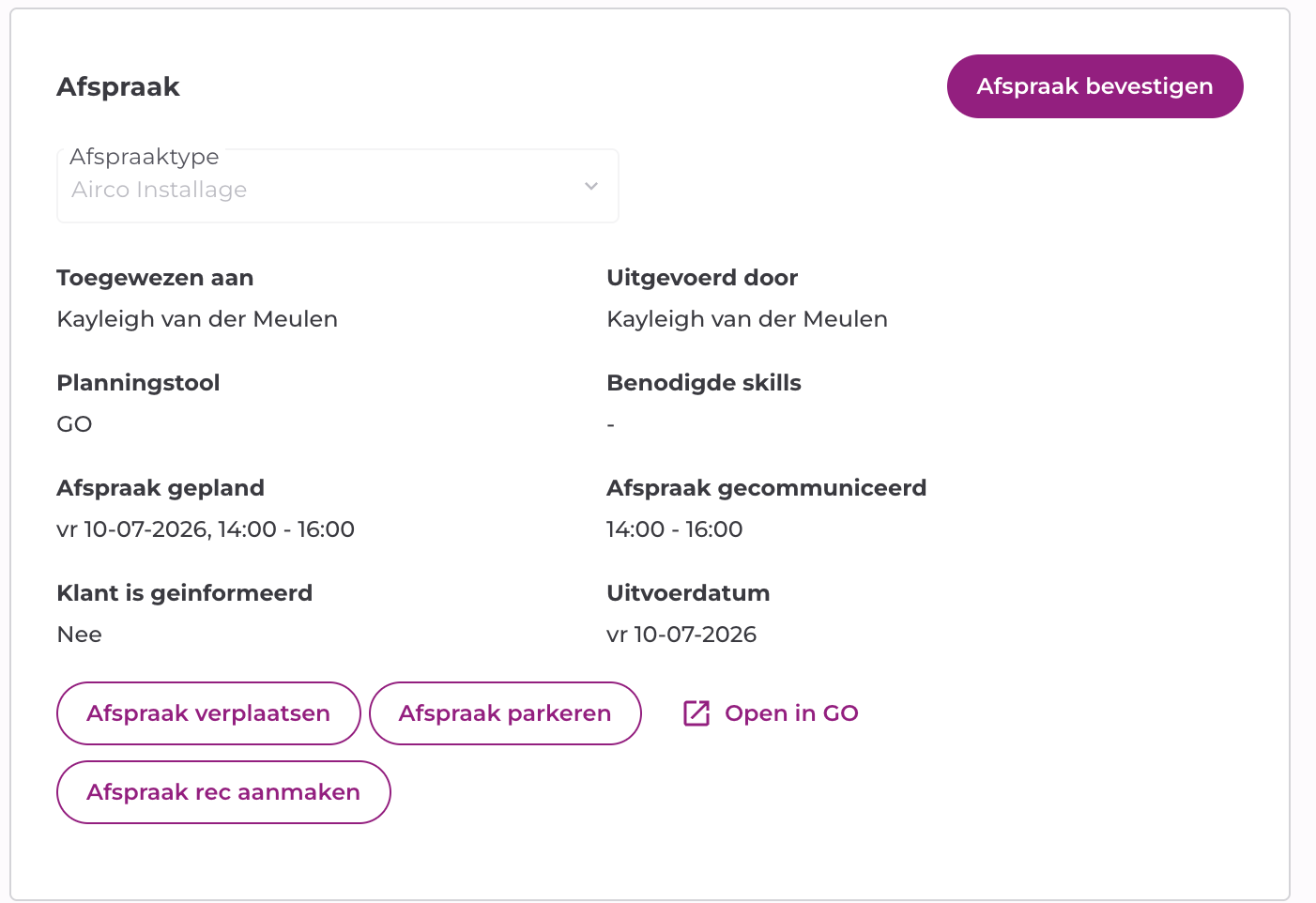 Tabblad Afspraak met de afspraakgegevens en de beheerknoppen