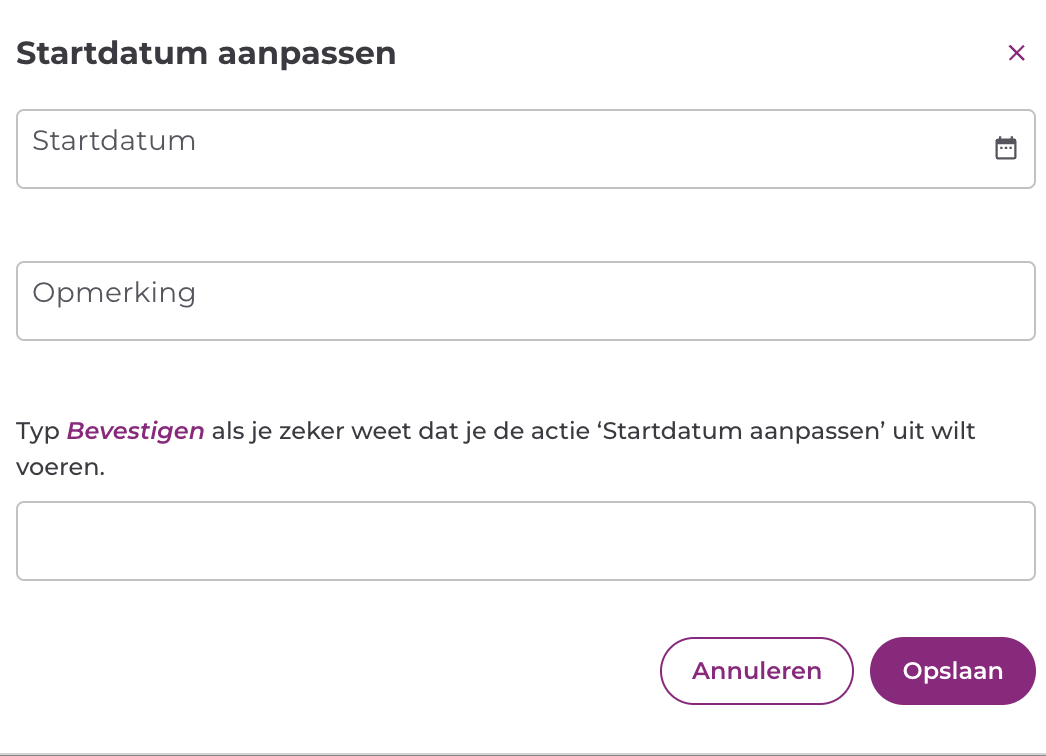 Pop-up van een bulkactie met invoervelden, het verplichte opmerkingenveld en de bevestiging