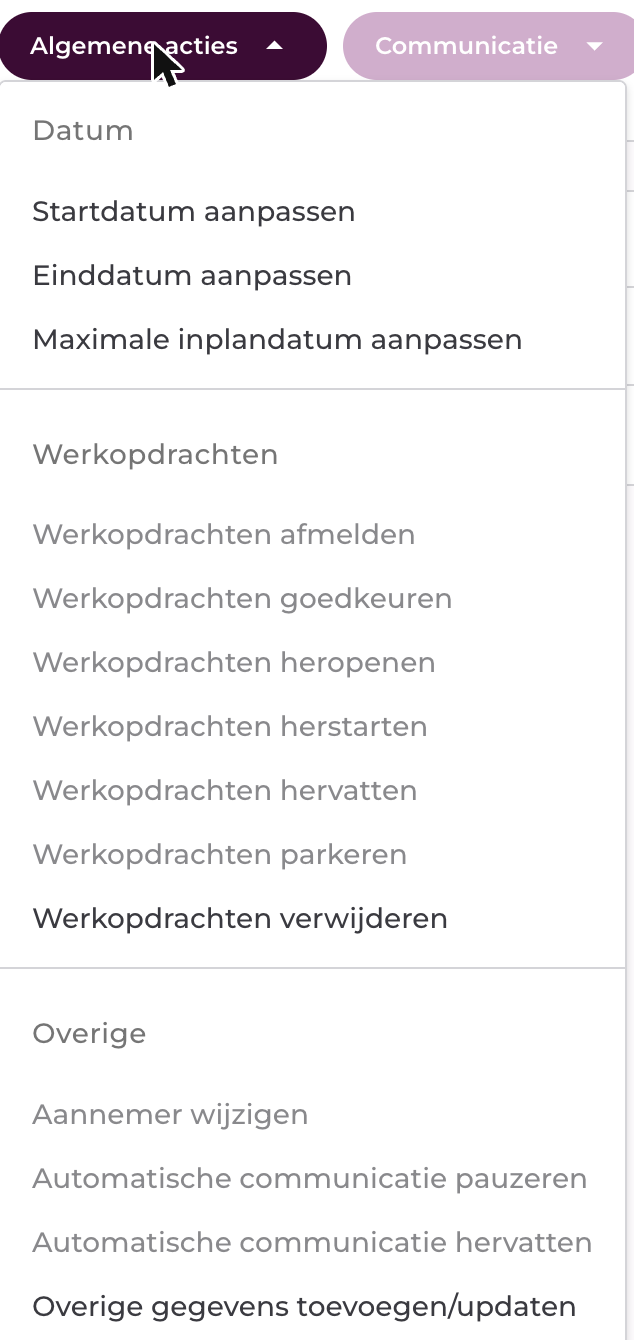 Menu Algemene acties met de beschikbare bulkacties, gegroepeerd per categorie
