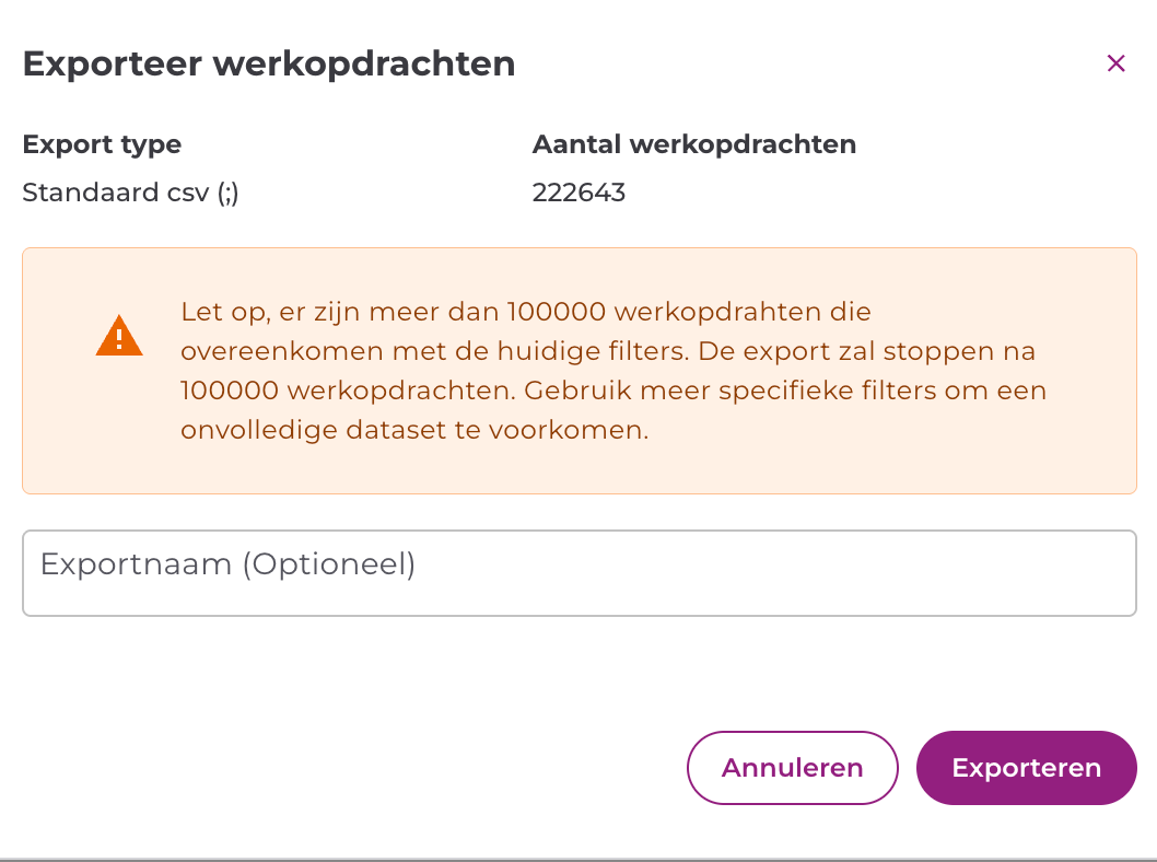 Pop-up Exporteer werkopdrachten met het exporttype, het aantal werkopdrachten, de waarschuwing bij meer dan 100.000 opdrachten en het naamveld