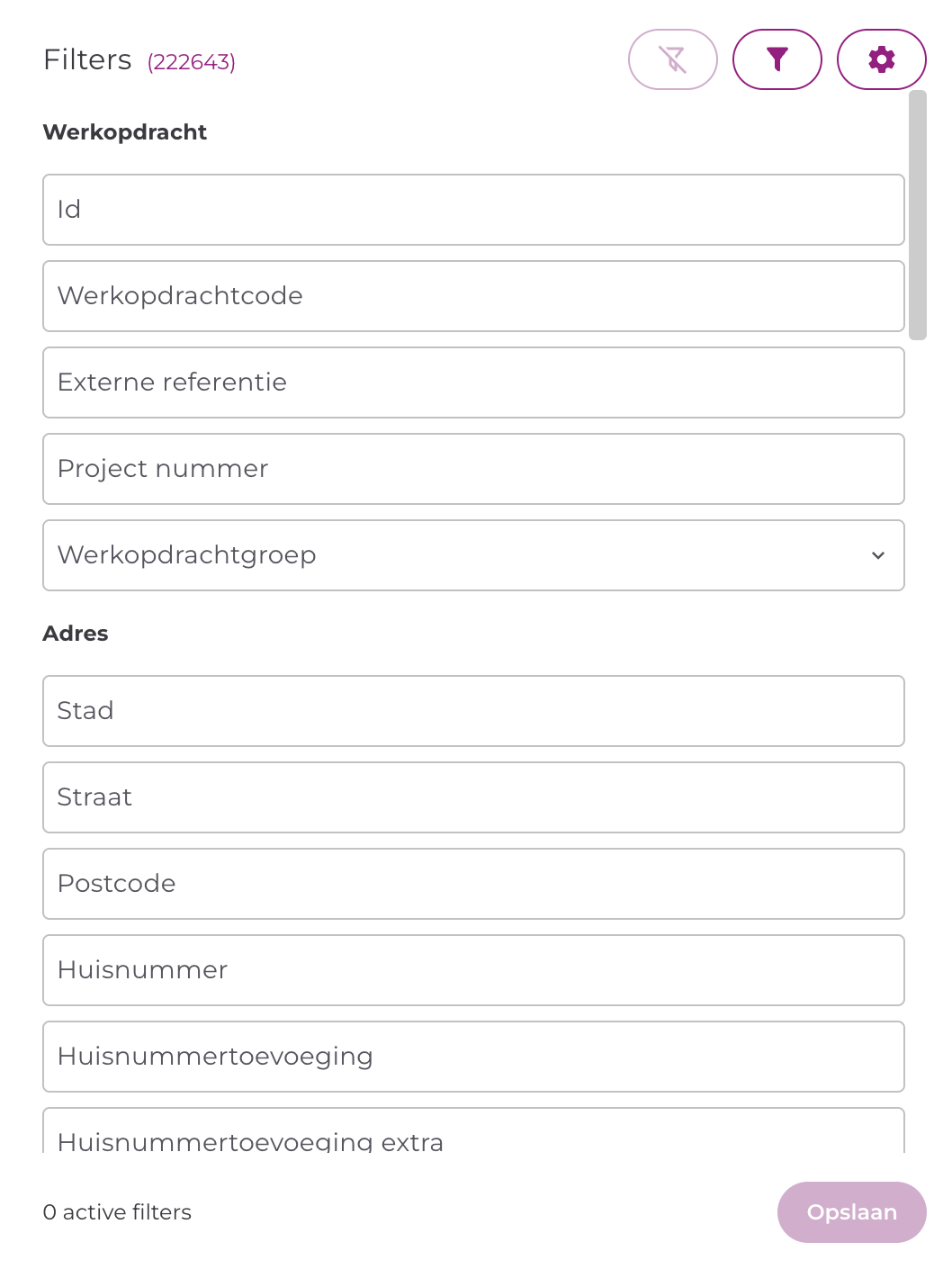 Filterpaneel met het aantal resultaten, de filterknoppen en de knop Opslaan onderaan