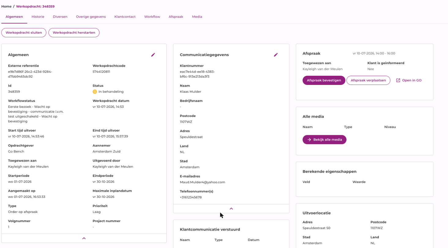 Tabblad Algemeen met de gegevenskaarten en de actieknoppen bovenaan