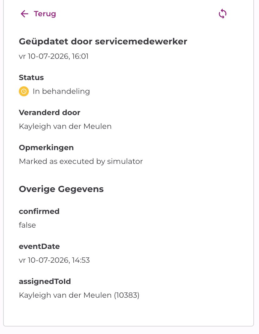 Detailpaneel van een historieregel met status, opmerkingen en metadata